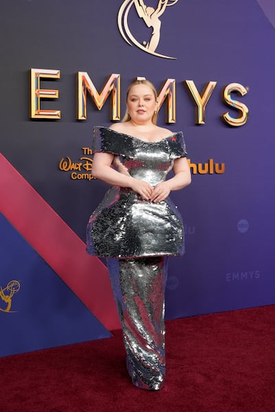 Nicola Coughlan stands out in a silver gown. AP