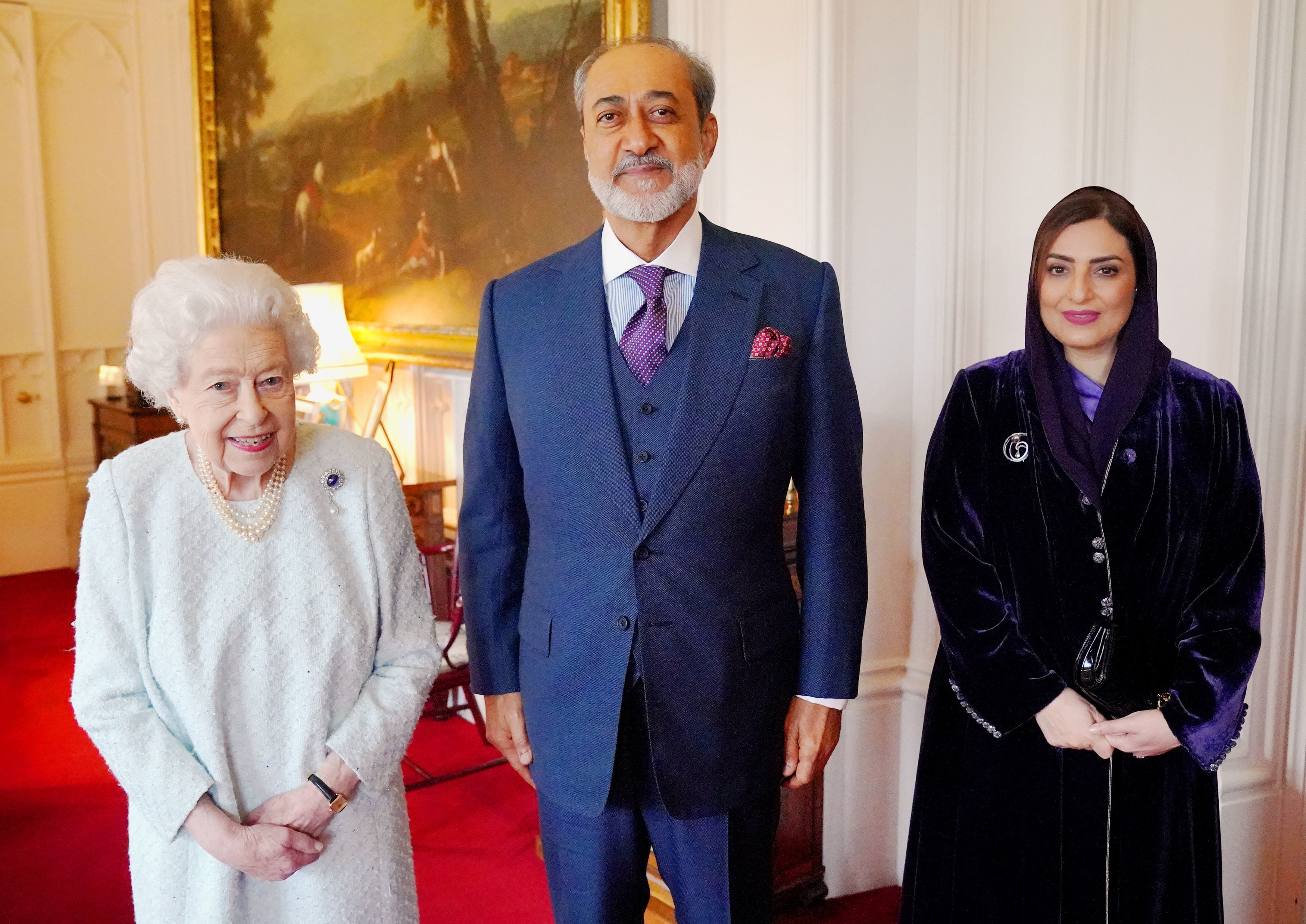 Sultan Haitham wearing a three-piece suit to meet Queen Elizabeth II in 2021. Getty Images