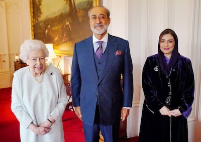 Sultan Haitham wearing a three-piece suit to meet Queen Elizabeth II in 2021. Getty Images
