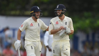 Ben Foakes, right, and Jack Leach leave the field of play at the end of Day 1 of the first Test between Sri Lanka and England. Getty Images