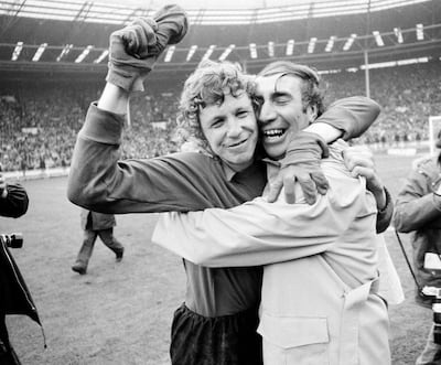 Sunderland manager Bob Stokoe hugs his Jim Montgomery after the goalkeeper's heroics helped Sunderland beat Leeds United 1-0 in the 1973 FA Cup final. Getty Images
