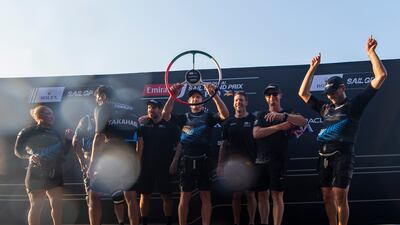 New Zealand SailGP team members celebrate after winning the Emirates Dubai Sail Grand Prix Race in Port Mina Rashid, Dubai, on November 24, 2024. All photos: Ahmed Ramzan for The National
