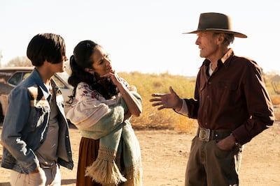 Eduardo Minett, Natalia Traven and Clint Eastwood in a scene from 'Cry Macho'. Photo: Warner Bros. Pictures