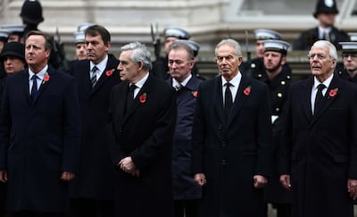 Former UK prime ministers David Cameron, Gordon Brown, Tony Blair and John Major attend the Remembrance Sunday ceremony in London last November. Getty Images
