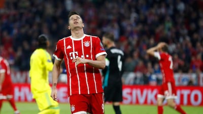 Robert Lewandowski missed a few chances for Bayern Munich against Real Madrid in the Uefa Champions League semi-final, first leg. Matthias Schrader / AP Photo