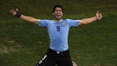 Luis Suarez celebrates scoring his second goal, the winner in a 2-1 victory over England on Thursday night for Uruguay at the 2014 World Cup in Sao Paulo, Brazil. Juan Barreto / AFP / June 19, 2014