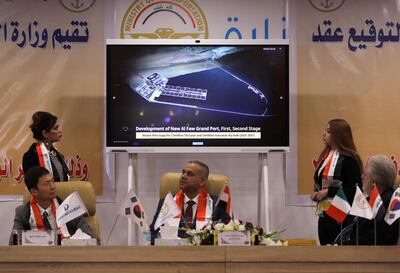An image of Iraq’s Grand Al Faw Port project is displayed on a screen as the director general of the General Company for Ports, Farhan Al Fartousi, signs a construction contract with South Korea’s Daewoo Engineering & Construction in Baghdad on December 30, 2020. Reuters