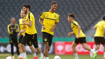 Pierre-Emerick Aubameyang takes part in training ahead of the German Cup final. Friedemann Vogel / EPA