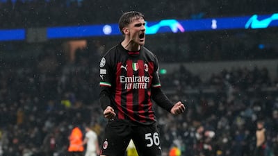 AC Milan's Alexis Saelemaekers celebrates after the match. AP