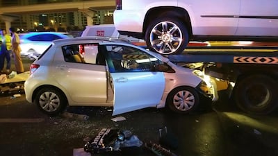 A driver died when his car ran into a lorry on Tuesday on Emirates Road, near the Jebel Ali Lahbab roundabout. Dubai traffic police have warned drivers against sudden swerving. Courtesy Dubai Police