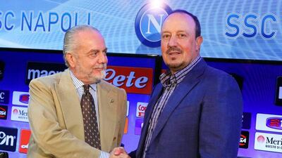 Rafael Benitez, right, alongside Napoli president Aurelio De Laurentiis following his announcement to leave the club. Cesare Abbate / EPA
