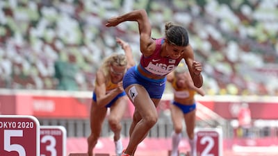 USA's Sydney Mclaughlin out of the starting blocks.