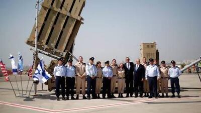 US president Barack Obama (7th from left) and Israeli prime minister Benjamin Netanyahu (6th) with members of Israel's defence force after viewing an Iron Dome Battery at Ben Gurion International Airport Airport in Tel Aviv.