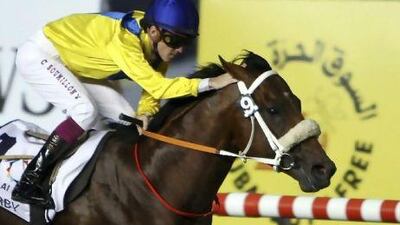 Christophe Soumillon rides Musir to victory in the UAE Derby at Meydan Racecourse last year. Pawan Singh / The National