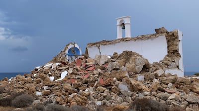 A damaged church is seen in Xerokampos village, near Sitia, after a strong earthquake measuring 6. 3 on the Richter scale shook Crete island, Greece, 12 October 2021. The 6. 3 Richter quake that shook the village of Zakros on 12 October is not linked to the 5. 8 Richter quake near Arkalochori roughly two weeks ago, professor of seismology Ethymios Lekkas told the Athens-Macedonian News Agency. According to Lekkas, who is president of the Earthquake Planning and Protection Organisation of Greece, the two quakes arose from two different faults. EPA / NIKOS CHALKIADAKIS