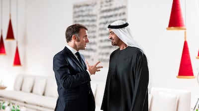 President Sheikh Mohamed with French leader Emmanuel Macron after a lunch meeting at the Zayed National Museum in Abu Dhabi. All Photos: UAE Presidential Court