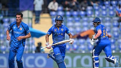 UAE's Sohaib Khan, centre, has been one of the finds of the 2026 T20 World Cup. AFP
