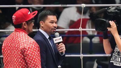 Manny Pacquiao speaks before the exhibition match. AP