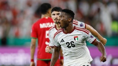 Oumar Camara celebrates scoring for the UAE in their semi-final against Oman at Prince Abdullah Al Faisal Stadium. Reuters