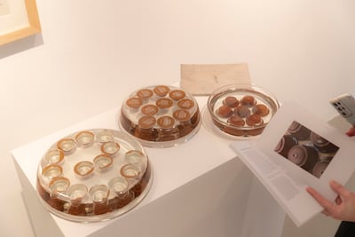 Graciela Noemi Ghiradosi’s 'Wake Up' comprises used coffee capsules encased in resin. Antonie Robertson / The National