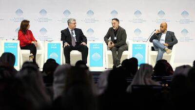 Left to right: Muntaha Al Ramahi, moderator; Fadlo Khuri, president of American Uni in Beirut; Hashim Sarkis, of Massachusetts Institute of Technology; Mohammed Gawdat, Google X. Pawan Singh / The Nation
