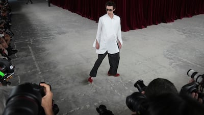 A model wears a creation, part of the men's Junya Watanabe Spring-Summer 2026 collection, in Paris. AP