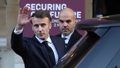 French President Emmanuel Macron departs from Lancaster House following a summit on Ukraine in London. EPA