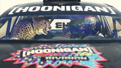 Right at the start, a cheetah jumps out of the front seat of Block’s Fiesta, and lollops into the desert. Courtesy Ford Performance