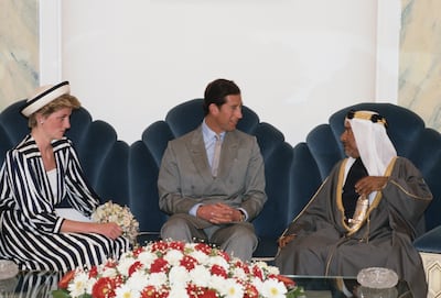 Bahrain's Emir Isa bin Salman with Charles, Prince of Wales, and Diana, Princess of Wales, in Manama in 1986. Getty