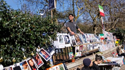 Anti-regime demonstrators and supporters of Reza Pahlavi, son of the deposed shah, outside the Iranian embassy in London. EPA