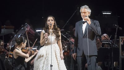 Balqees and Andrea Bocelli perform at the du Arena, Yas Island, in April. Antonie Robertson / The National.