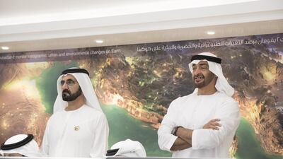 Sheikh Mohammed bin Rashid, Vice-President and Ruler of Dubai, and Sheikh Mohammed bin Zayed, Crown Prince of Abu Dhabi and Deputy Supreme Commander of the Armed Forces, tour the Mohammed bin Rashid Space Centre. Mohamed Al Hammadi / Crown Prince Court – Abu Dhabi