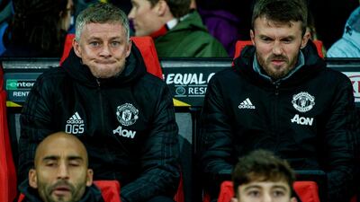 Manchester United manager Ole Gunnar Solskjaer, left, alongside Michael Carrick. EPA