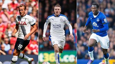 Tottenham Hotspur's Harry Kane (Clive Brunskill / Getty Images); Leicester City's Jamie Vardy (AFP); Everton's Romelu Lukaku (Jon Super / AP Photo)