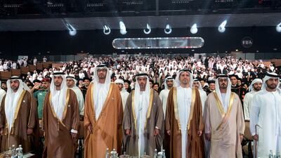 Sheikh Sultan bin Mohammed, Sheikh Khalifa bin Mohammed, Dr Sultan Ahmed Al Jaber, UAE Minister of State, Chairman of Masdar and CEO of Adnoc Group, Sheikh Hamed bin Zayed, Chairman of the Crown Prince Court of Abu Dhabi and Abu Dhabi Executive Council Member, Dr Arif Sultan Al Hammadi, Executive Vice President of Khalifa University and Hussain Ibrahim Al Hammadi, UAE Minister of Education, stand for the UAE National Anthem during the 2018 Khalifa University Graduation ceremony at the Abu Dhabi National Exhibition Centre (ADNEC).