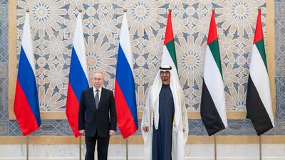 President Sheikh Mohamed with Russian President Vladimir Putin in Abu Dhabi in December 2023. UAE Presidential Court