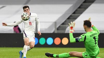 England's midfielder Mason Mount scores during the 2022 World Cup qualifier against Albania at the Air Albania Stadium in Tirana on Sunday, March 28. AFP