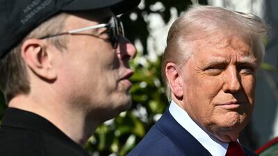 President Donald Trump and Tesla chief executive Elon Musk outside the White House on Tuesday. AP