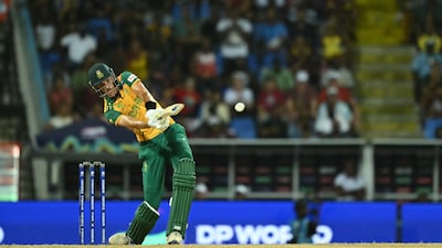 South Africa's Marco Jansen hits the winning six that to seal a three-wicket win over West Indies and with it a place in the T20 World Cup semi-finals. AFP