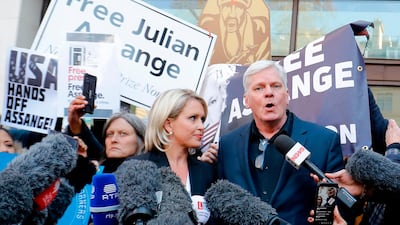 WikiLeaks' Editor-in-chief Kristinn Hrafnsson (R) and barrister Jennifer Robinson (C) address the media outside Westminster Magistrates Court in London on April 11, 2019, following WikiLeaks founder Julian Assange's court hearing. AFP