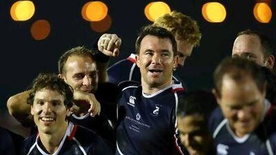 Jebel Ali Dragons celebrates wnning the UAE Premiership grand final against Abu Dhabi Harlequins. Satish Kumar / The National