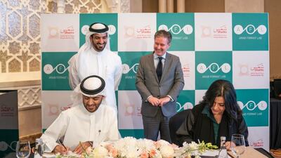 Dr. Khalid Omar Al Midfa and Arab Format Lab CEO Khulud Abu Homos sign on the dotted line