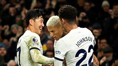 Tottenham Hotspur's Richarlison celebrates scoring their third goal with Son Heung-min and Brennan Johnson. Reuters
