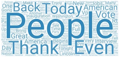 This particular word cloud shows some of the words most frequently used by Donald Trump during his first week as president in 2017.