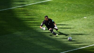Keylor Navas comes out of the area to gather the ball in Costa Rica's 2014 World Cup group match against England on June 24, 2014. Jeff Gross / Getty Images