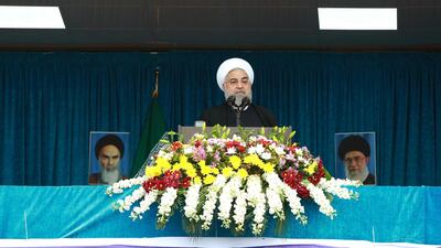 Iranian President Hassan Rouhani addresses the crowd at a public speech in Bandar Kangan, Iran. Reuters