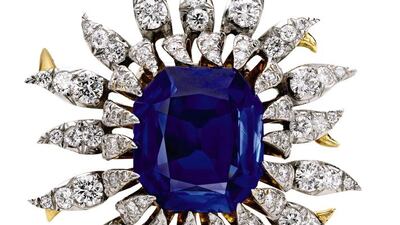 The 18-carat gold, platinum, Kashmir sapphire and diamond brooch formerly belonged to Bunny Mellon. Courtesy: Sotheby's