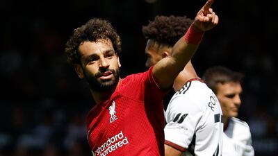 Mohamed Salah of Liverpool celebrates scoring his side's second goal in the 2-2 Premier League draw at Fulham on August 6, 2022. Action Images