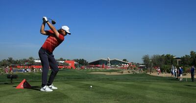 Tommy Fleetwood tees off on the ninth hole during Day Three of the Abu Dhabi HSBC Championship presented by EGA. Getty Images