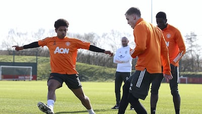 Shola Shoretire and Donny van de Beek of Manchester United in action during a first team training session at Aon Training Complex in Manchester, England. Getty Images